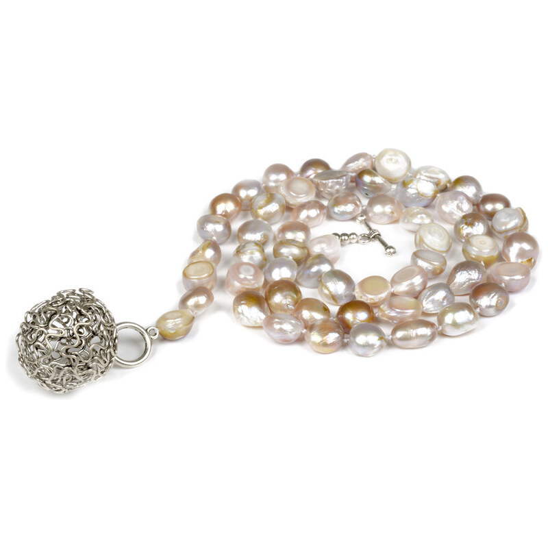 JwL Jewellery Dlouhý náhrdelník z růžových perel s přívěskem koule JL0043