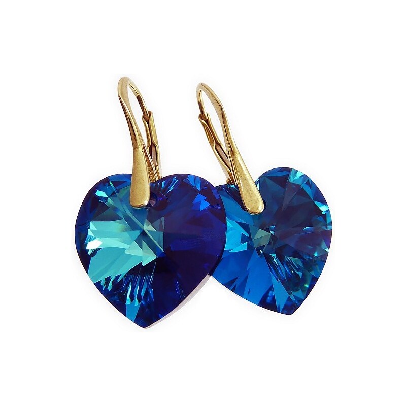 Šperky LAFIRA Style Pozlacené stříbrné náušnice srdce Bermuda Blue - 14 mm