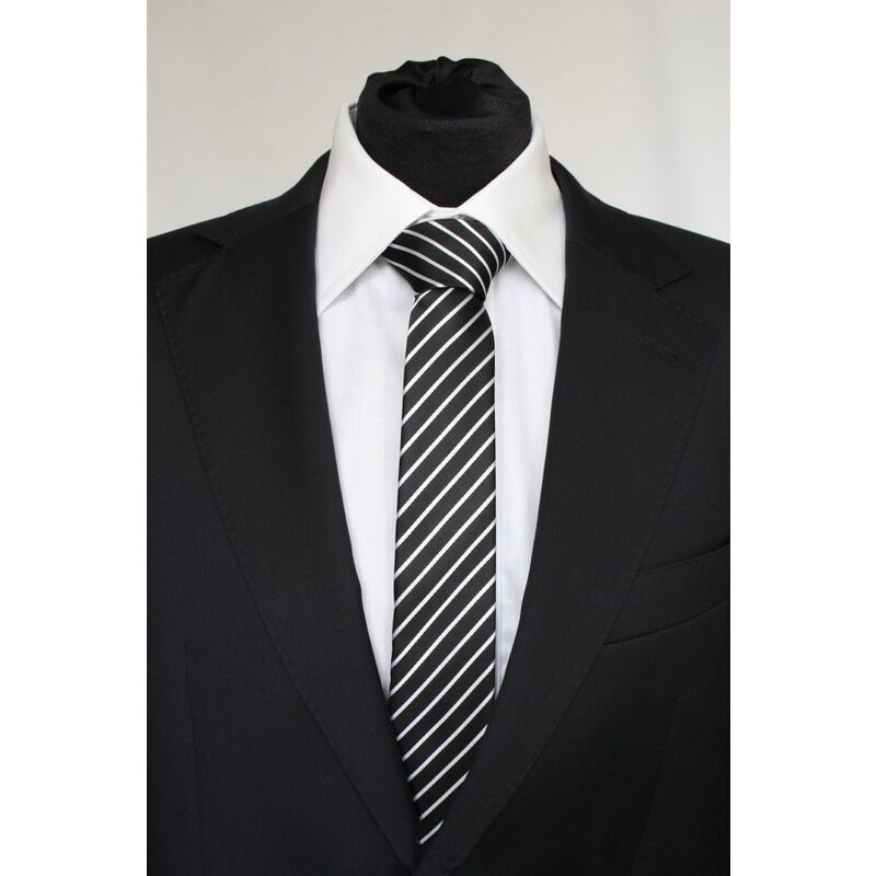 Šperky LAFIRA Style Pánská černá slim kravata s bílými pruhy 888