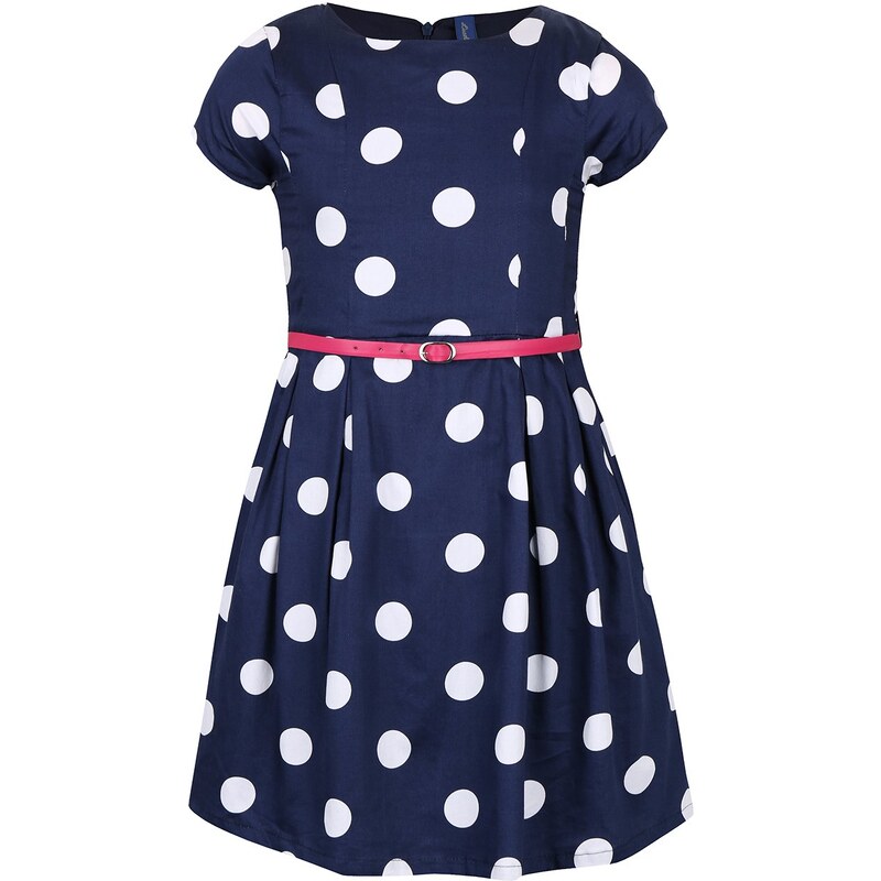 Bílo-modré puntíkované holčičí šaty s růžovým páskem 5.10.15.