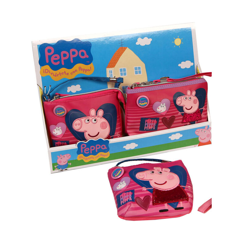 Azzar kabelka a peněženka Peppa Pig srdce růžová polyester 15 x 14 x 4 cm