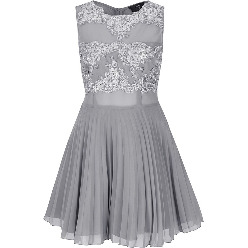 Šedé šaty s krajkou a plisovanou sukní AX Paris