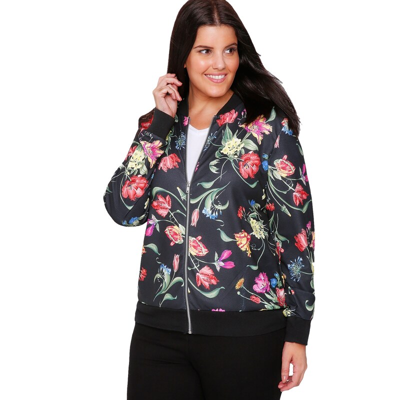 YOURS Černý bomber s texturou a floral potiskem