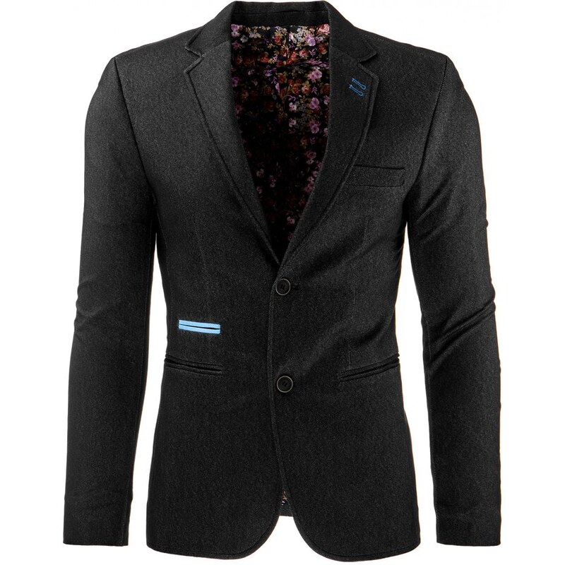 Černé pánské jednořadé sako s modrými detaily