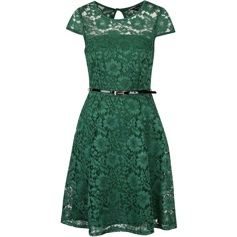 Zelené krajkové šaty s černým páskem Dorothy Perkins