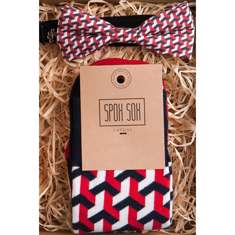 Pánský červeno-modrý set ponožky + motýlek Spox Sox Matching