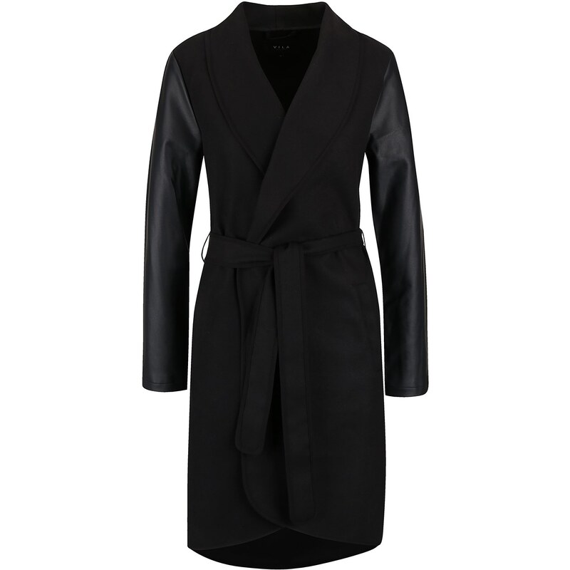 Černý lehký kabát s koženkovými rukávy a páskem VILA Ida