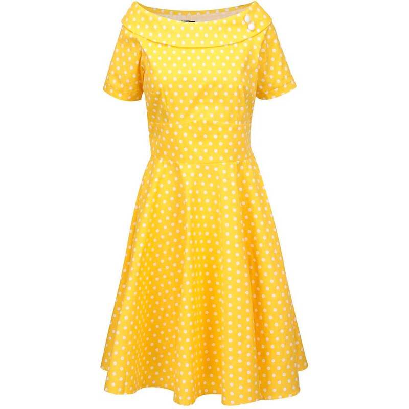 Žluté puntíkované šaty s lodičkovým výstřihem Dolly & Dotty Darlene