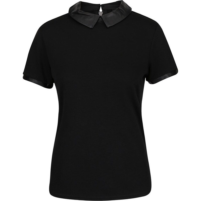 Černé tričko s koženkovým límečkem a lemy VILA Tinny