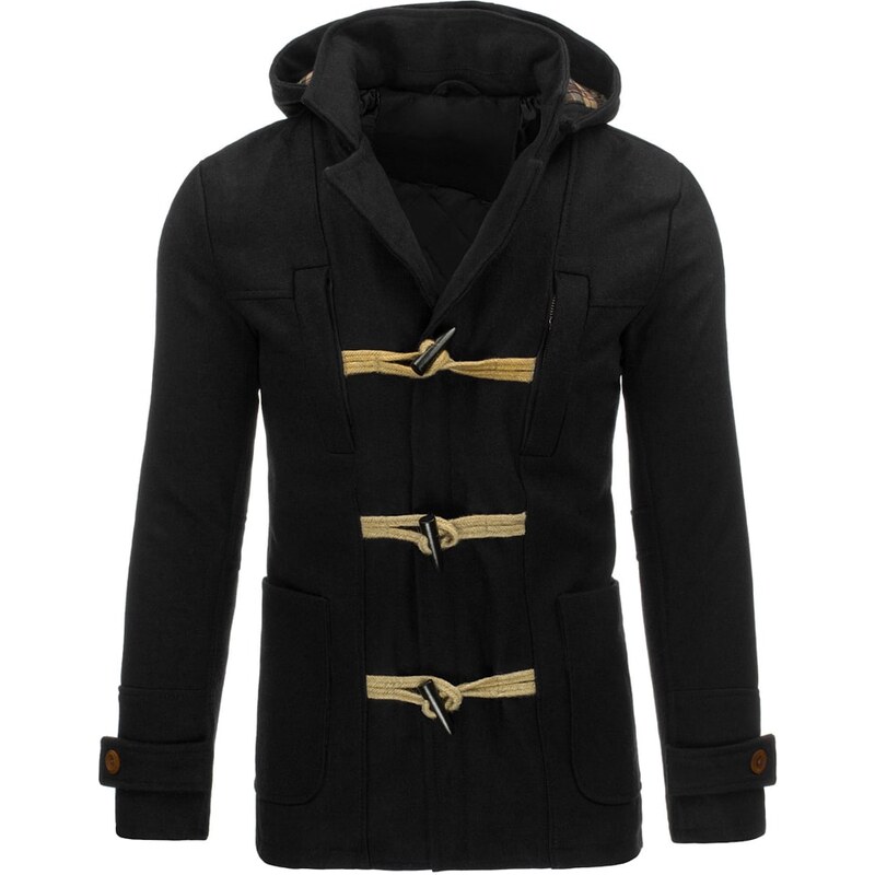 Moderní černý pánský kabát s kapucí