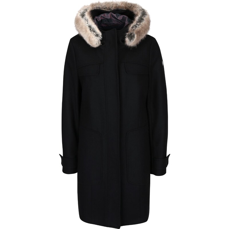 Černý dámský vlnený kabát s kapucí bugatti
