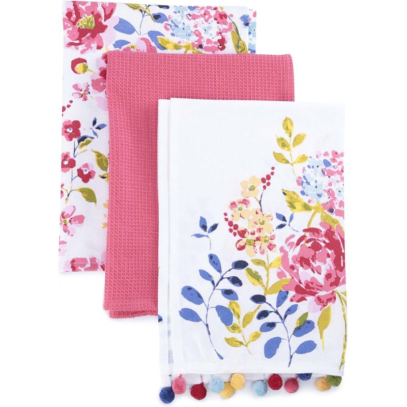 Sada tří utěrek v bílé a růžové barvě s motivem květin Cooksmart Floral Romance