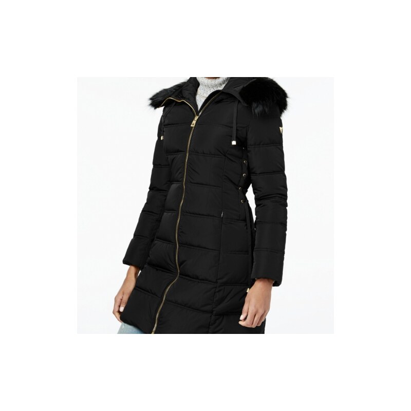 Kabát Guess Faux-Fur-Trim Corset Puffer Coat černý