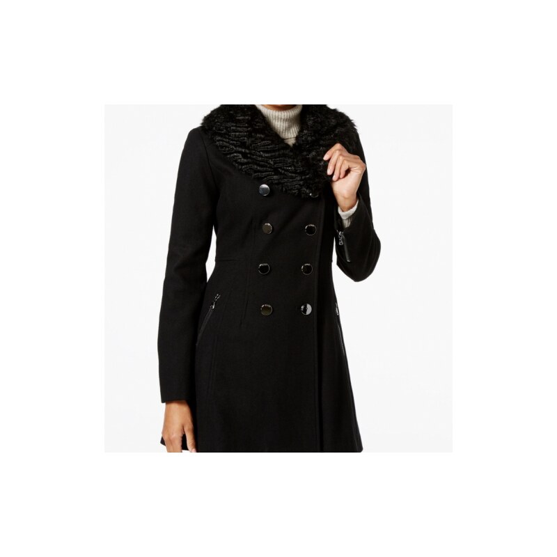 Kabát Guess Faux-Fur-Collar Double-Breasted Peacoat