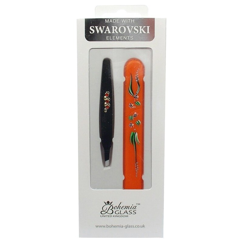BOHEMIA CRYSTAL Dárkový SET - skleněný pilník s krytkou Orange + pinzeta 97mm Black