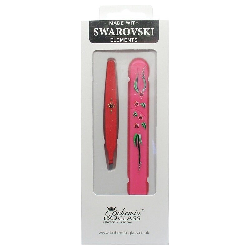BOHEMIA CRYSTAL Dárkový SET - skleněný pilník s krytkou Pink + pinzeta 97mm Pink