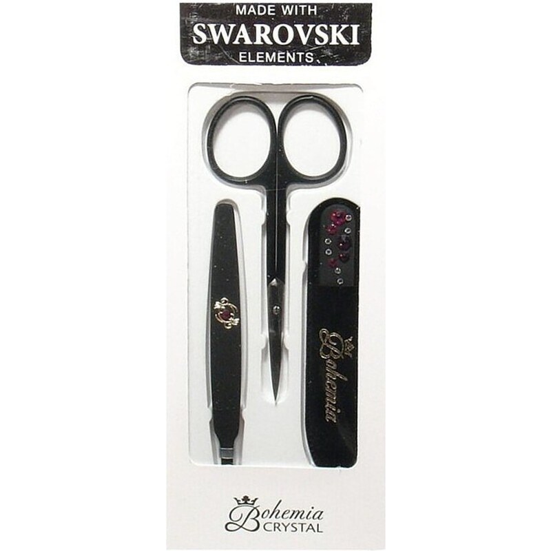 BOHEMIA CRYSTAL Manikura Swarovski - skleněný pilník 90mm + pinzeta + nůžky - černá