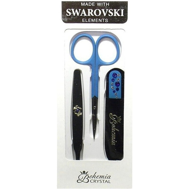 BOHEMIA CRYSTAL Manikura Swarovski - skleněný pilník 90mm + pinzeta + nůžky - modrá
