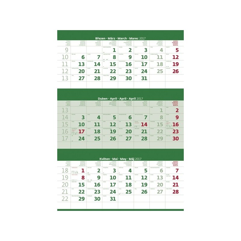 Helma 365, s.r.o. Nástěnný kalendář Tříměsíční zelený s jmenným kalendáriem 2017 N206-17