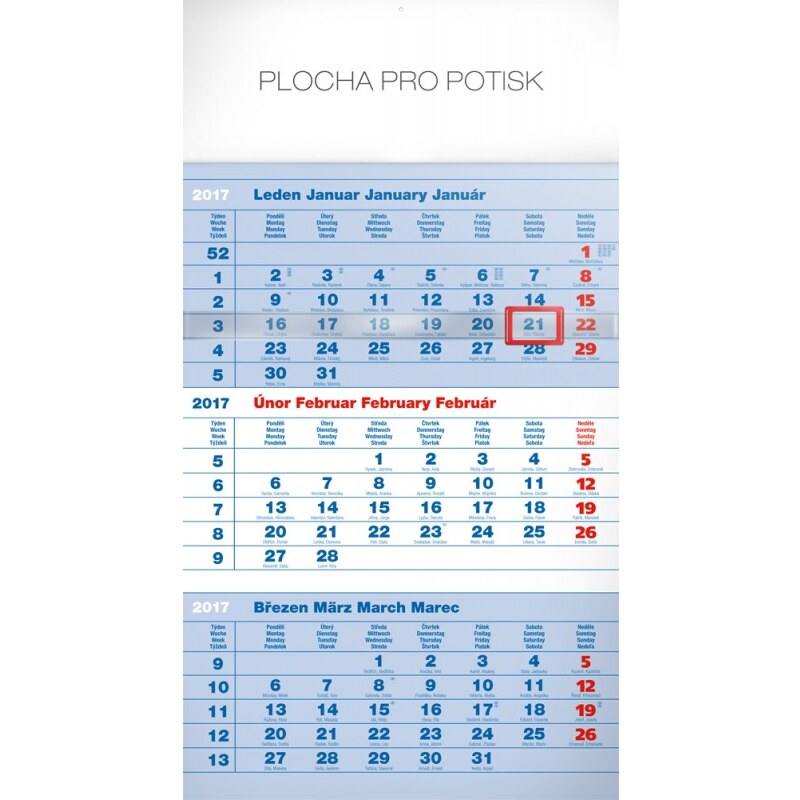 PRESCO GROUP, a.s. Nástěnný kalendář 3měsíční standard modrý – s českými jmény 2017 PGN-3696-L-17