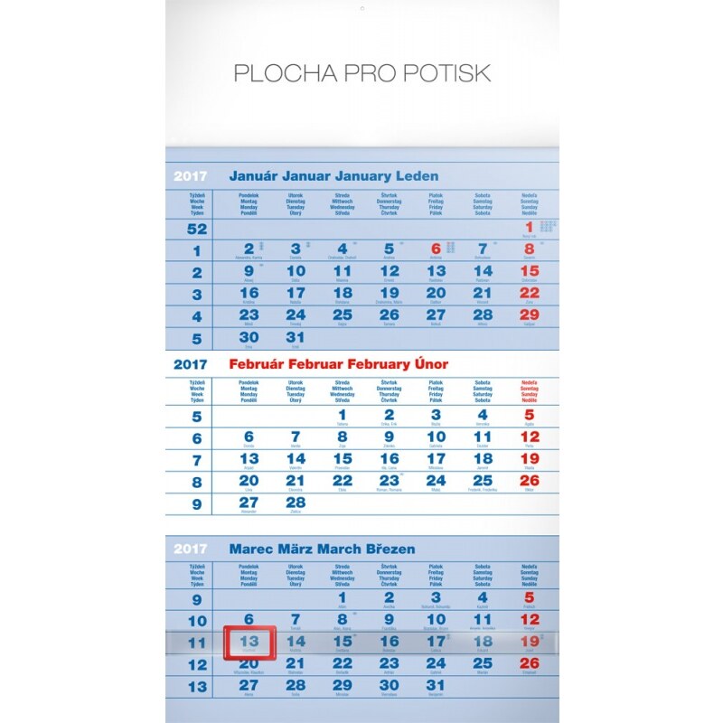 PRESCO GROUP, a.s. Nástěnný kalendář 3mesačný štandard modrý – so slovenskými menami SK 2017 PGN-3701-SK-L-17