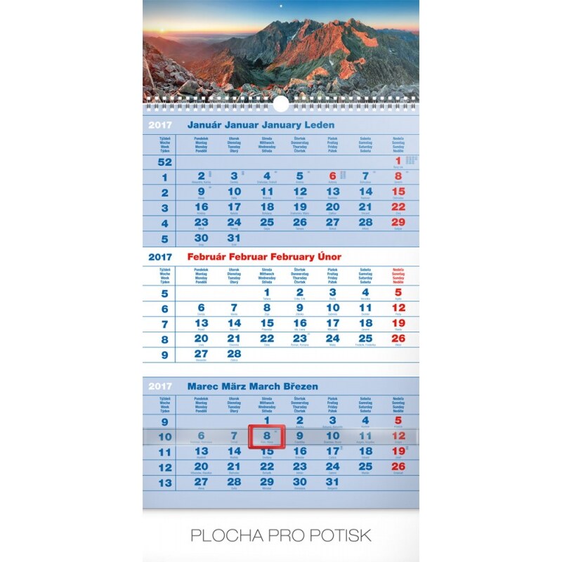 PRESCO GROUP, a.s. Nástěnný kalendář 3mesačný Tatry modrý – so slovenskými menami SK 2017 PGN-3703-SK-L-17