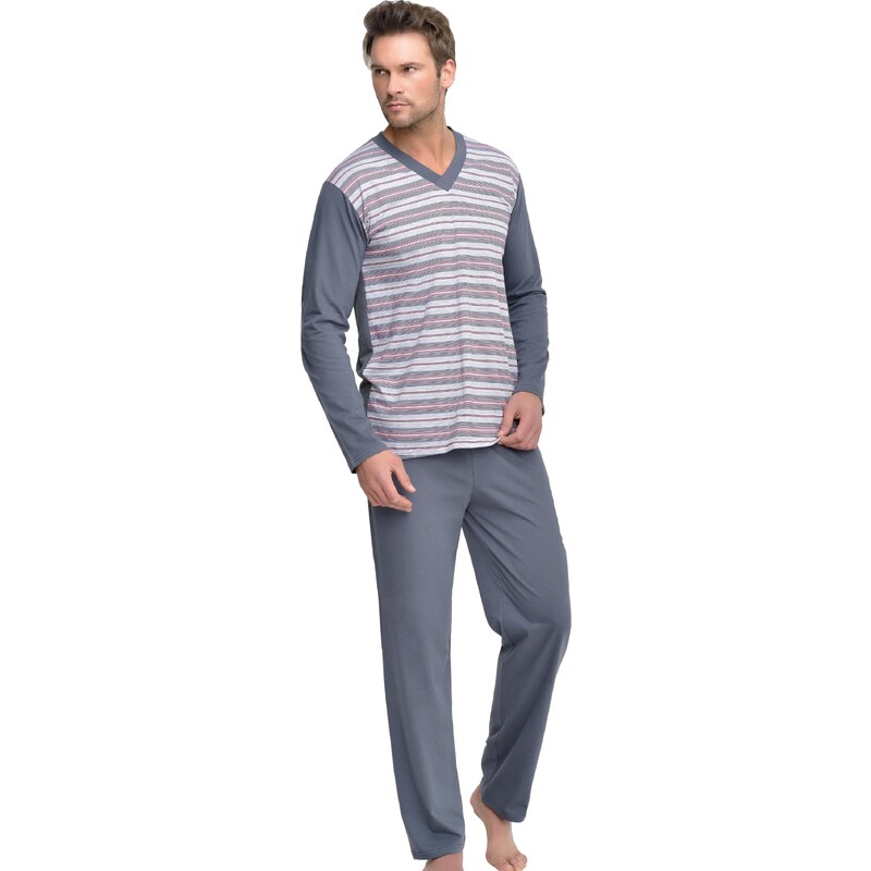 Pyžamo Roman s šedými proužky kulatý výstřih M