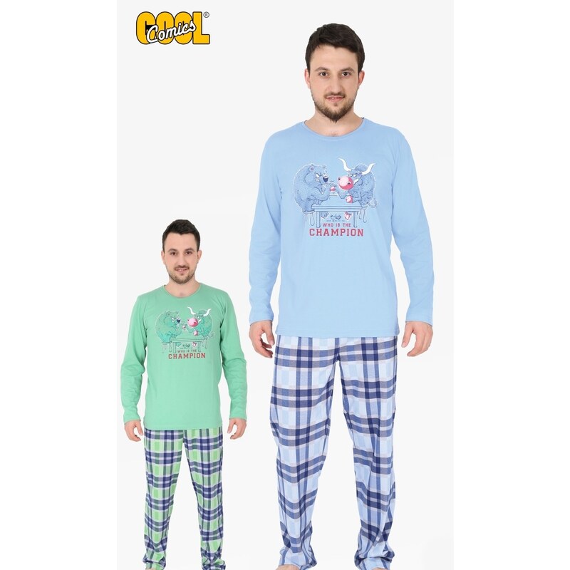 Pánské pyžamo dlouhé Medvěd a Buvol modrá L