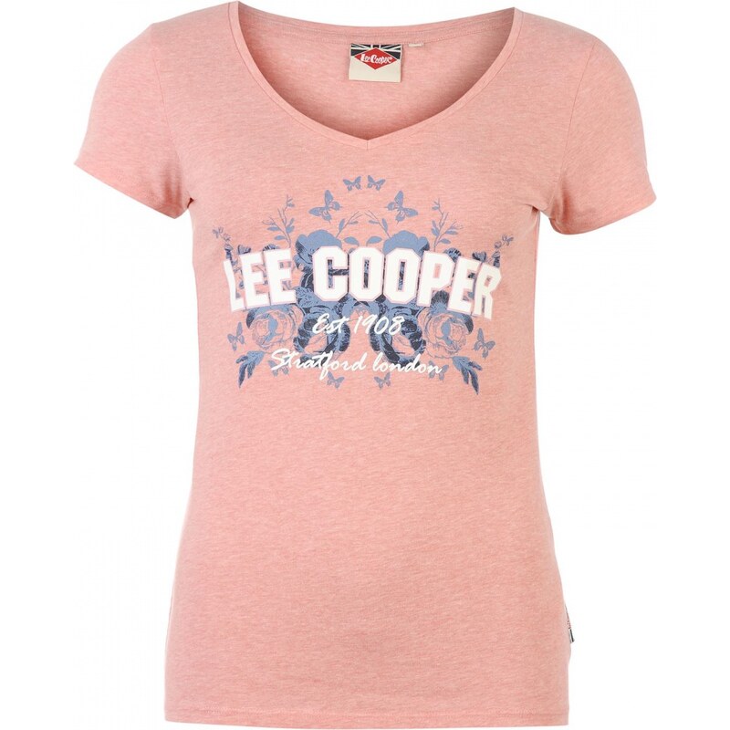 Lee Cooper Large Logo V Neck TShirt Womens, pink marl