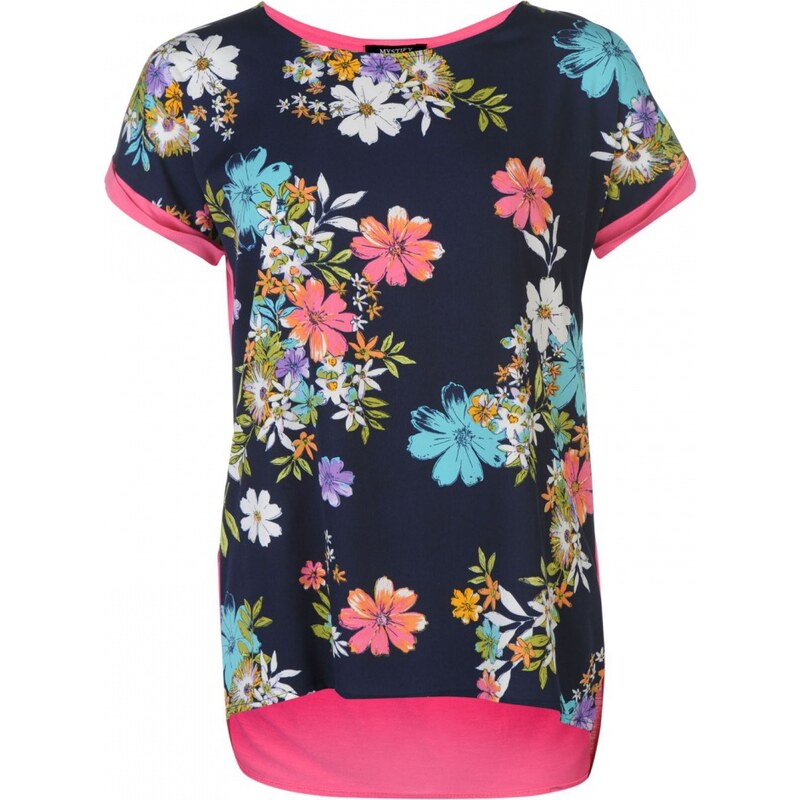 Mystify Printed Turn Up Cuff Top Ladies, navy/pink