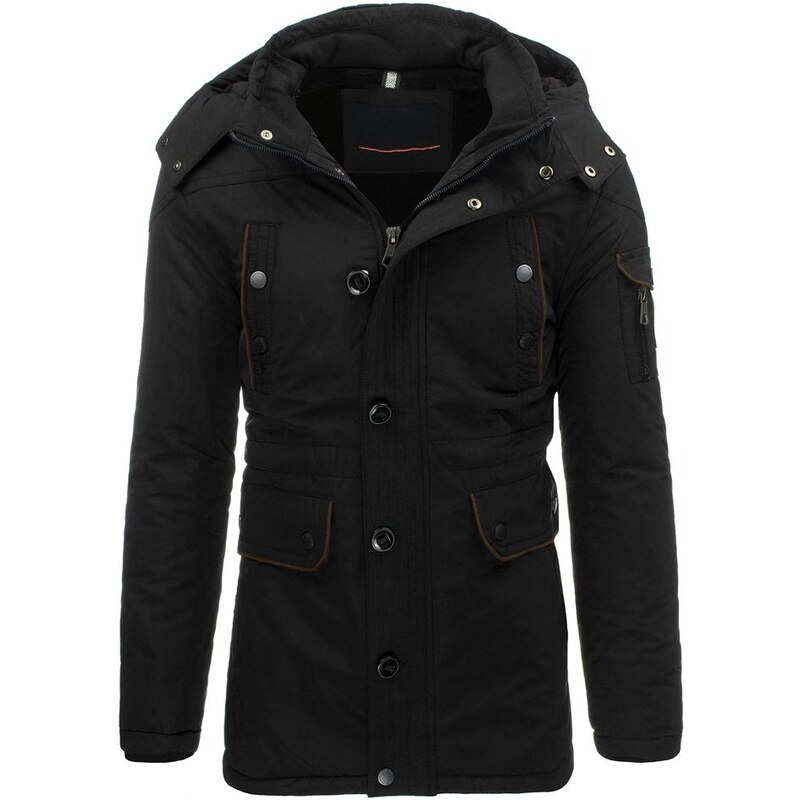 Černá pánská zimní bunda s kapucí a hnědým lemováním