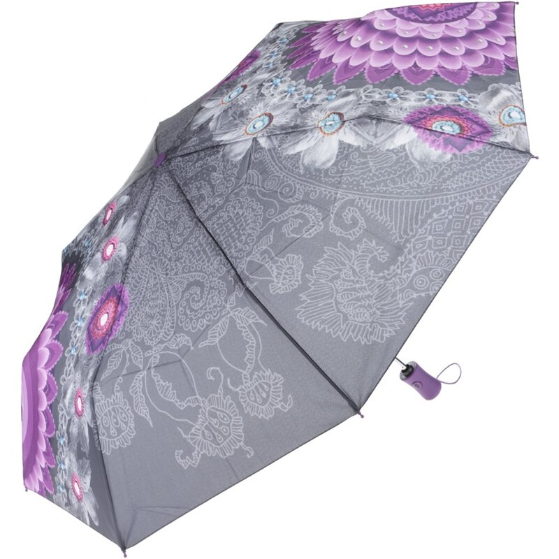 Šedý deštník s fialovými vzory Desigual Bollywood