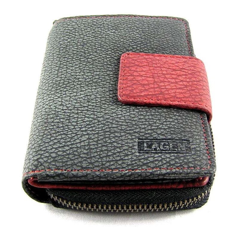 Kožená dámská peněženka Lagen s červenou přezkou - černo-šedá