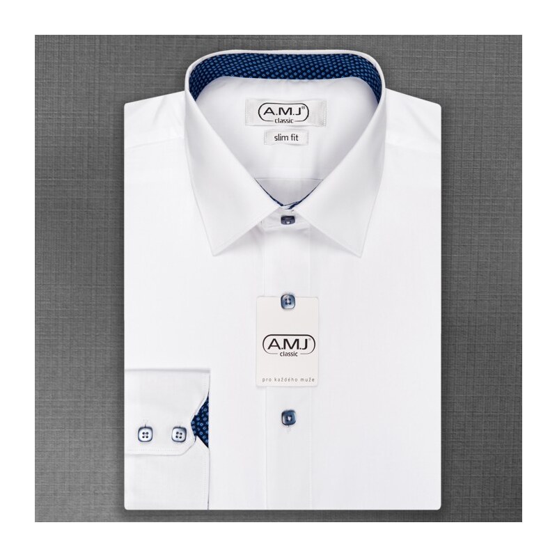 Pánská košile AMJ jednobarevná JDSR207, bílá, dlouhý rukáv, slim fit