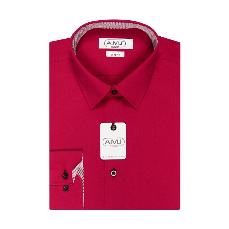 Pánská košile AMJ jednobarevná JDSR104/10, červená, dlouhý rukáv, slim fit