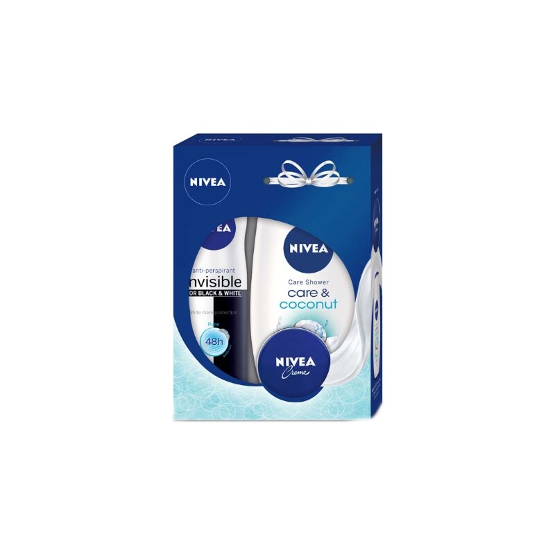 Nivea Creme Coconut Cream Shower Kit dárková sada W - 250ml Creme Coconut Cream Shower + 150ml Anti-Perspirant Invisible For Black & White Pure + 30ml Creme Pro péči a ochranu pokožky