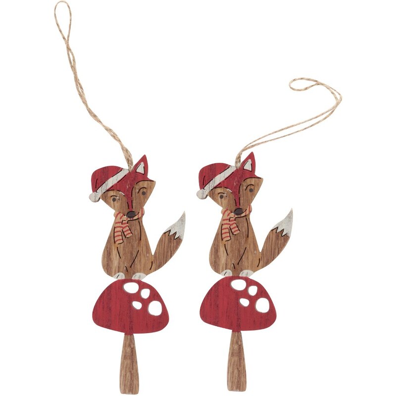 Sada dvou dřevěných závěsných ozdob ve tvaru lišky na muchomůrce Sass & Belle Festive