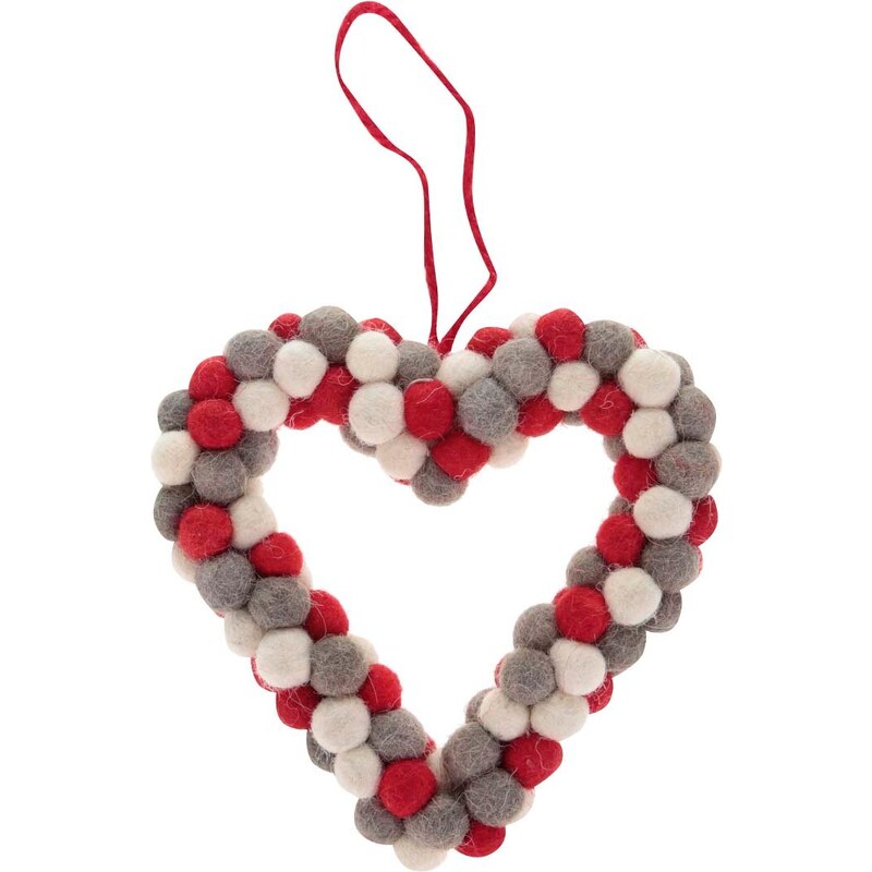 Krémovo-šedo-červené dekorační srdce z bambulí Sass & Belle