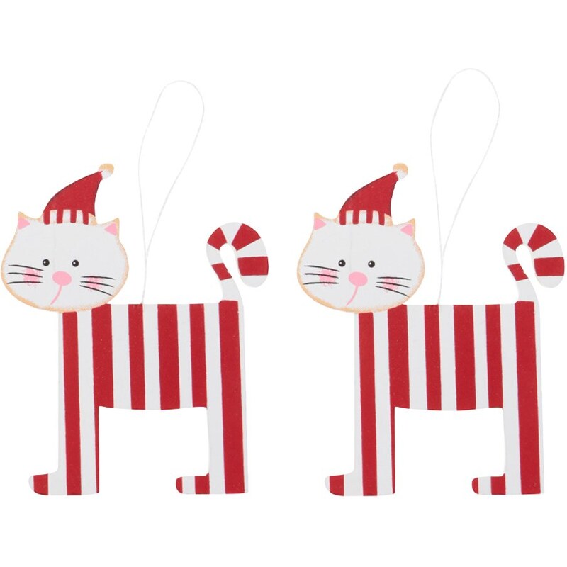 Sada dvou červeno-bílých dřevěných ozdob ve tvaru kočky Sass & Belle