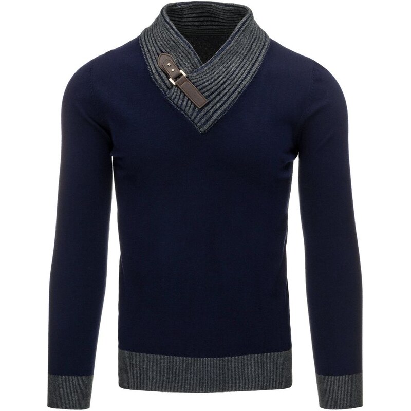 Modrý pružný svetr s šedým límcem a přezkou