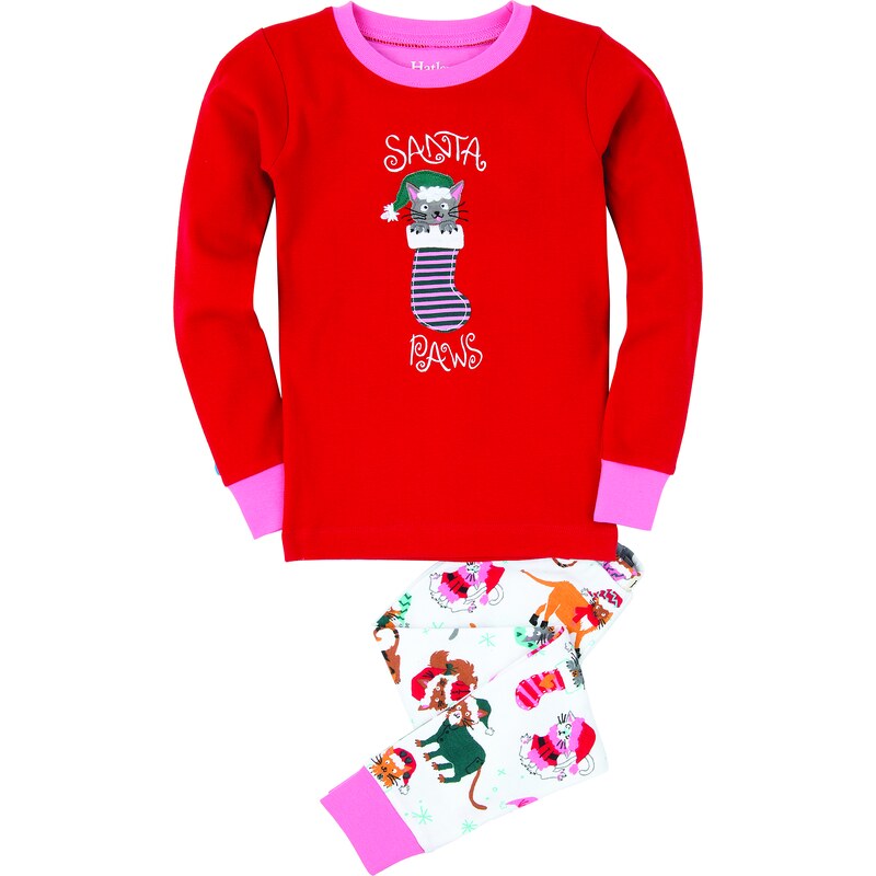 Hatley Dívčí vánoční pyžamo s kočičkou - červeno-bílé