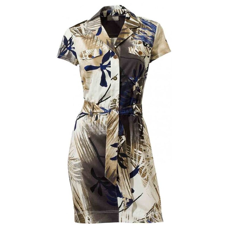 Mandarin Print dress with belt, taupe-multicolour