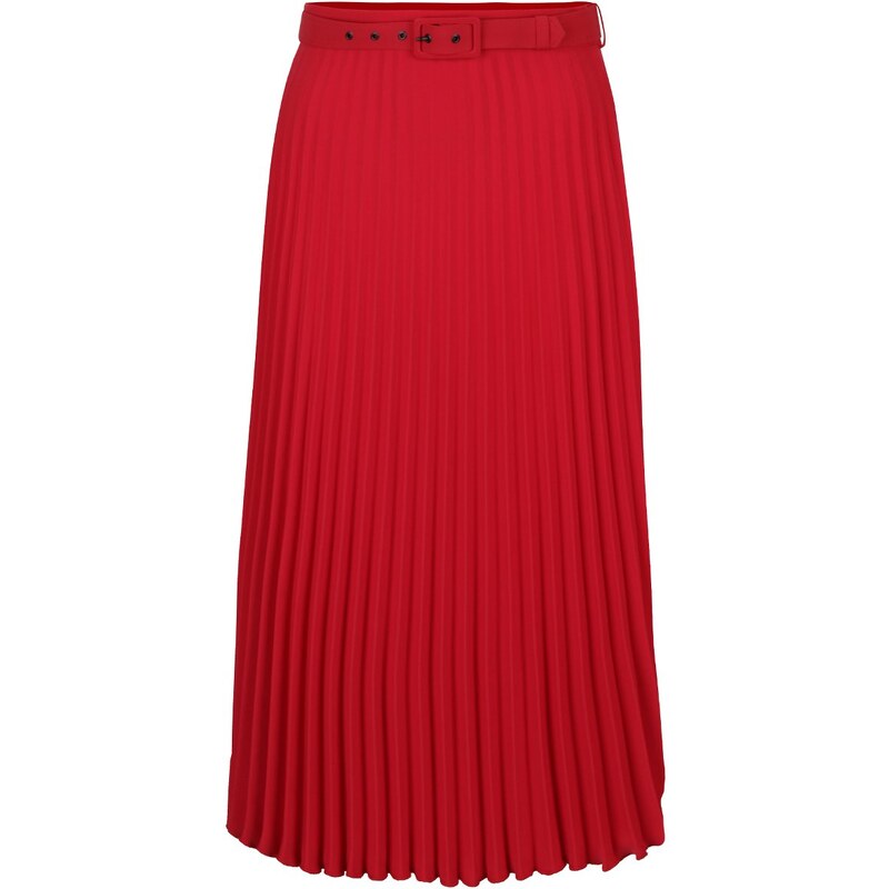Červená skládaná delší sukně s páskem Dorothy Perkins