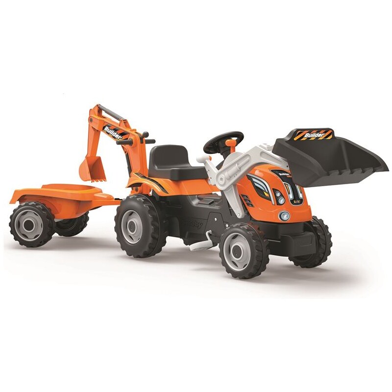 Smoby Šlapací traktor Builder Max s bagrem a vozíkem oranžový