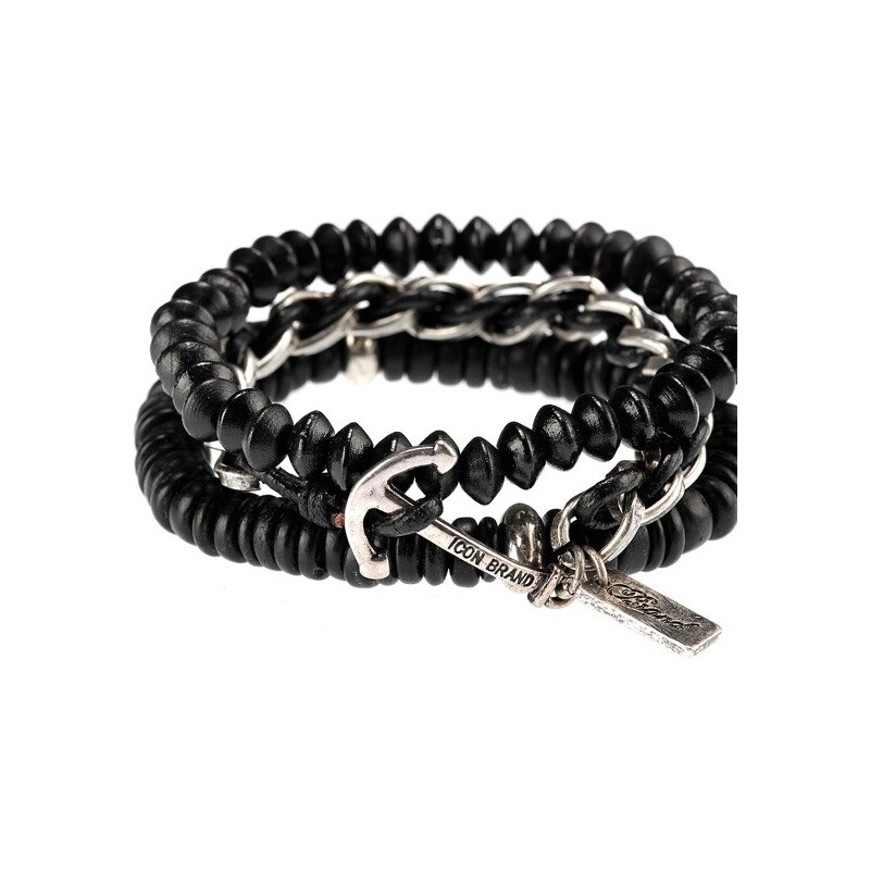 Icon Brand Twisted Leather And Silver Chain Link Bracelet Black