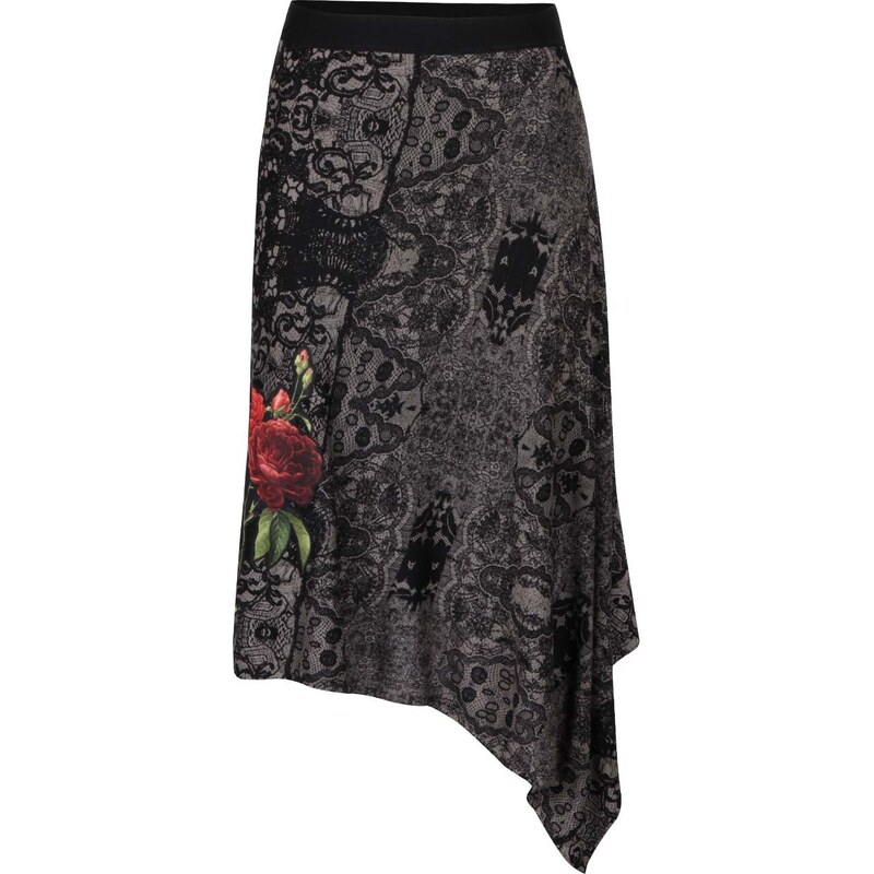 Černo-šedá vzorovaná sukně s květinou Desigual Piedad
