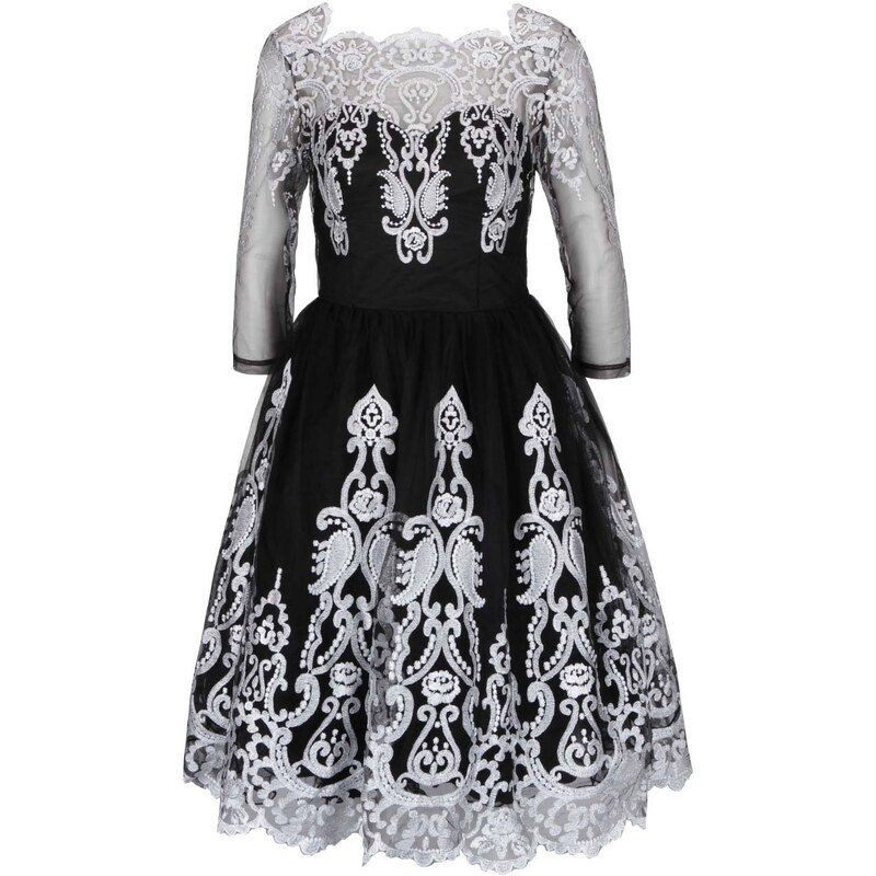 Černé šaty s tylovou sukní a krajkou ve stříbrné barvě Chi Chi London