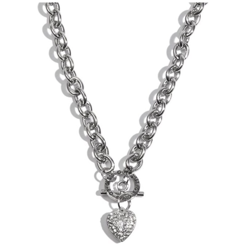 GUESS náhrdelník Rhinestone Heart Toggle stříbrný