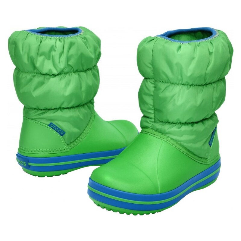 Crocs Dětské zelené holínky Winter Puff Boot Kids Lime/Sea Blue 14613-367