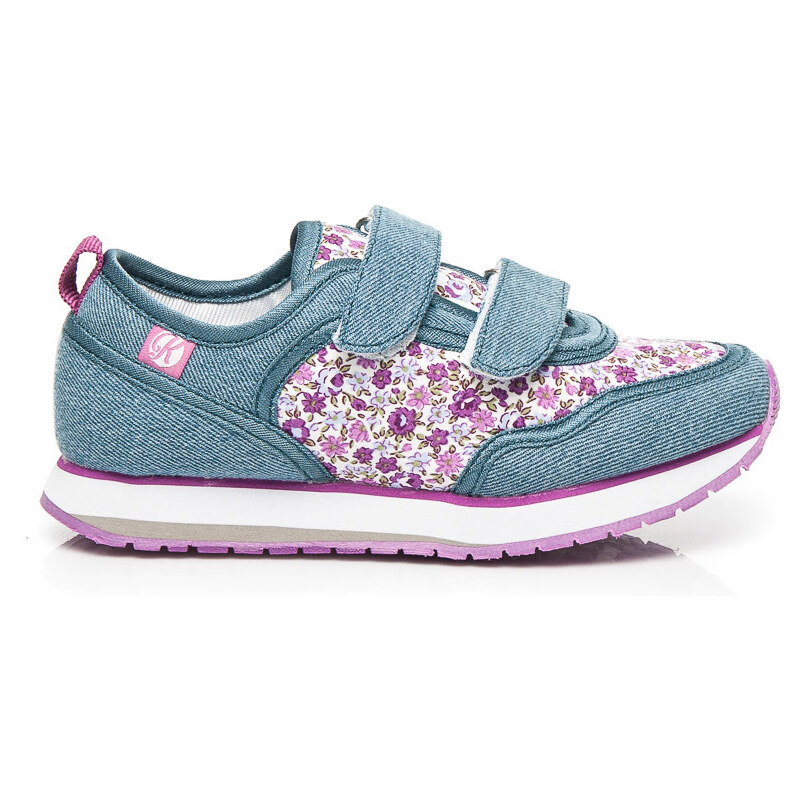 KYLIE Džínové modré dívčí boty na suchý zip, s květinami 35